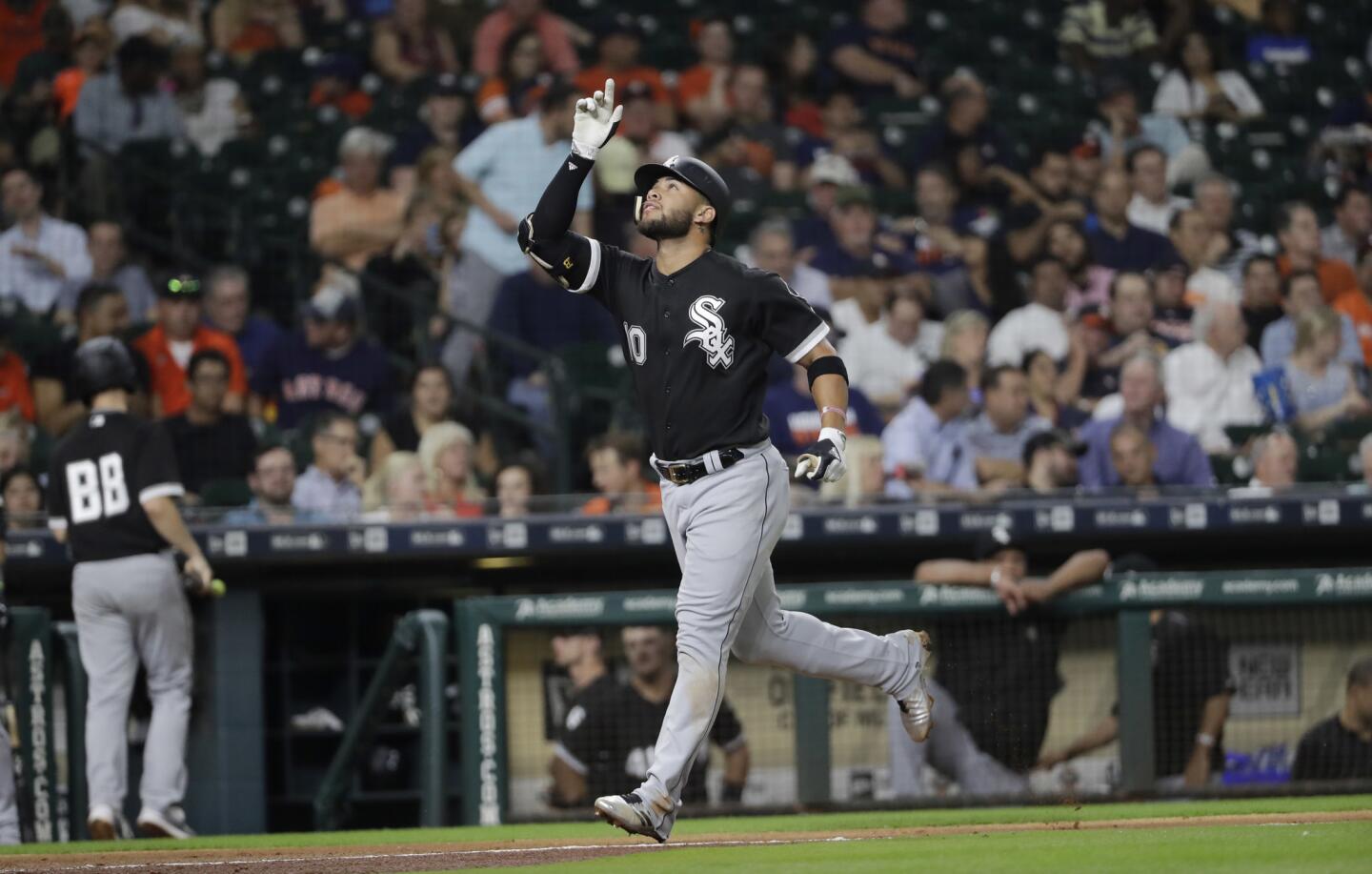 The White Sox's Yoan Moncada gestures after hitting a two-run home run against the Astros during the fourth inning Wednesday, Sept. 20, 2017, in Houston.