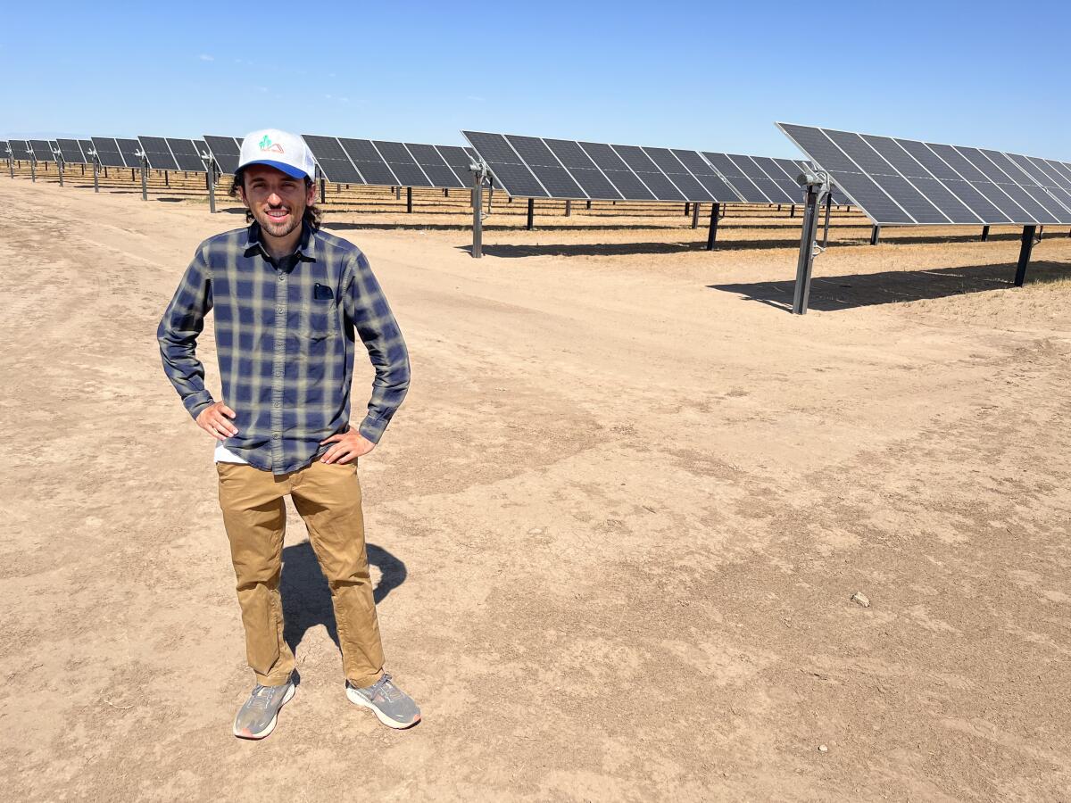 A man in plaid shirt and ball cap stands near a field covered with solar panels.