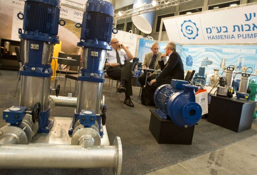 Pumps made by the Israeli company Hamenia Pumps are on display at WATEC, a water technology expo, in Tel Aviv last month.