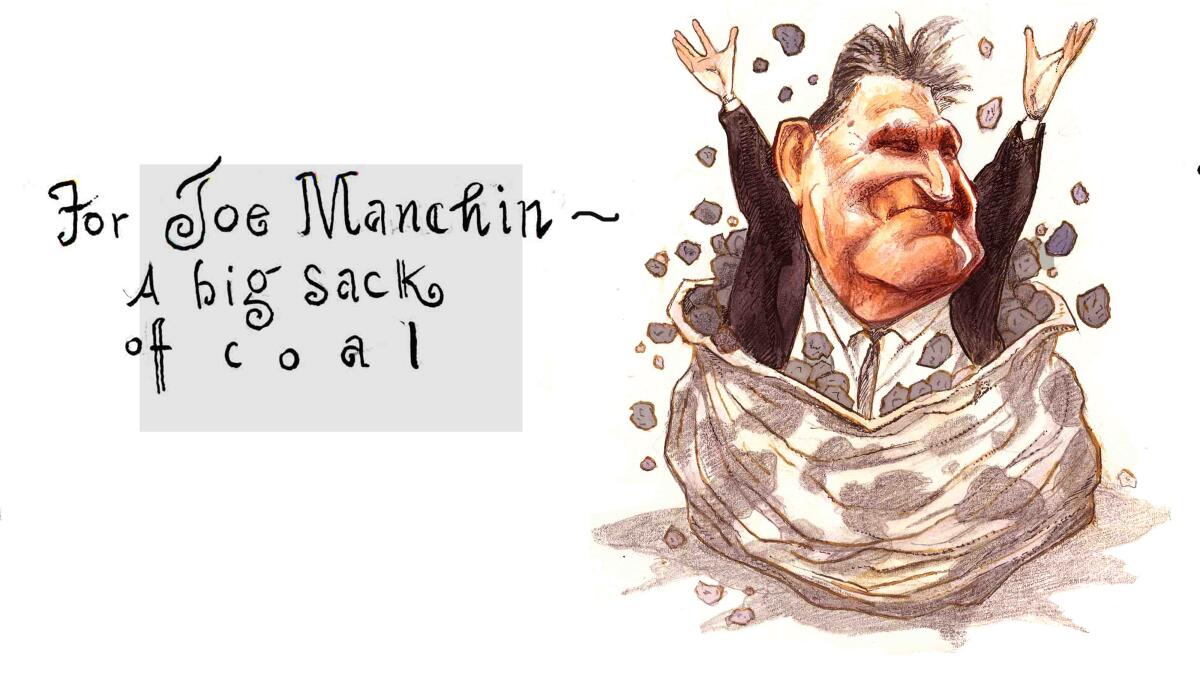 Illustration of Joe Manchin with text "A big sack of coal"