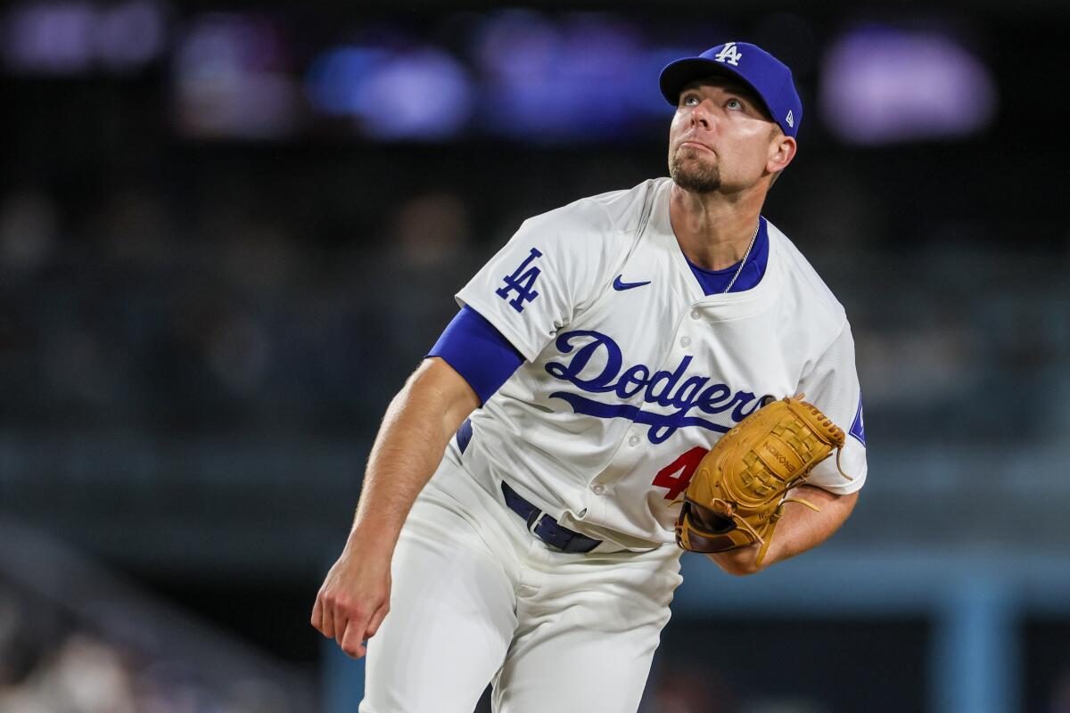 The Dodgers' Blake Treinen pitched a scoreless eighth inning against the Marlins on Monday 