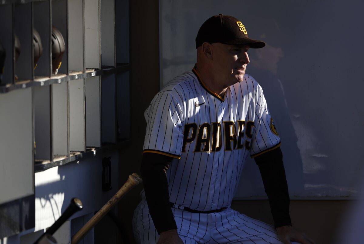 Padres third base coach Matt Williams in the dugout before a game against Phillies in June 2022 