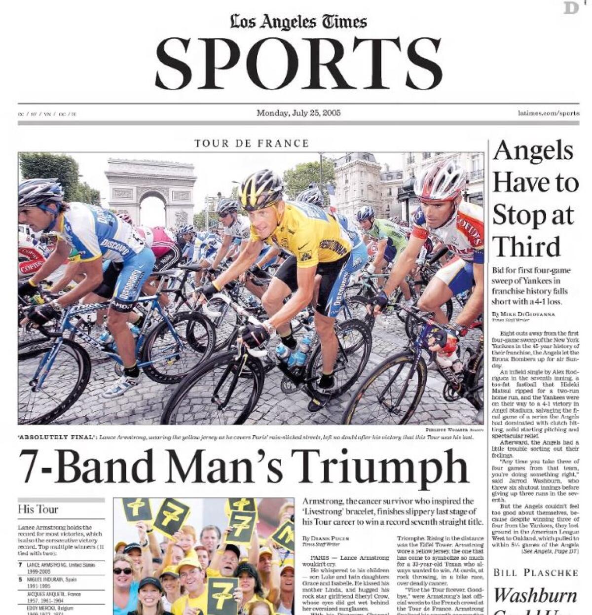 A Sports page shows articles and a big photo of cyclists.