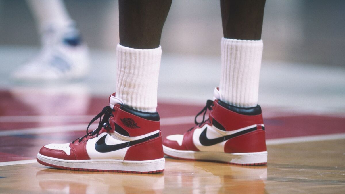 A closer look at the Nike Air Jordan I worn by Chicago Bulls player Michael Jordan during a game against the Washington Bullets circa 1985 in Washington D.C.