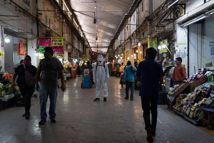 A public health official wearing safety equipment looks on at Mexico City's Central de Abasto, which has been the site of a COVID-19 outbreak, and where commercial activities have been reduced by 25%.