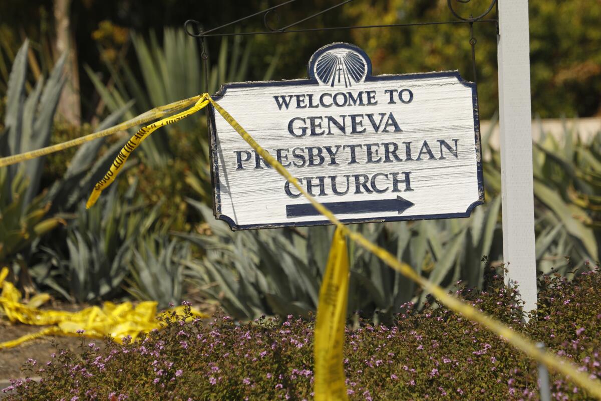 Police tape is draped from a sign reading: Welcome to Geneva Presbyterian Church