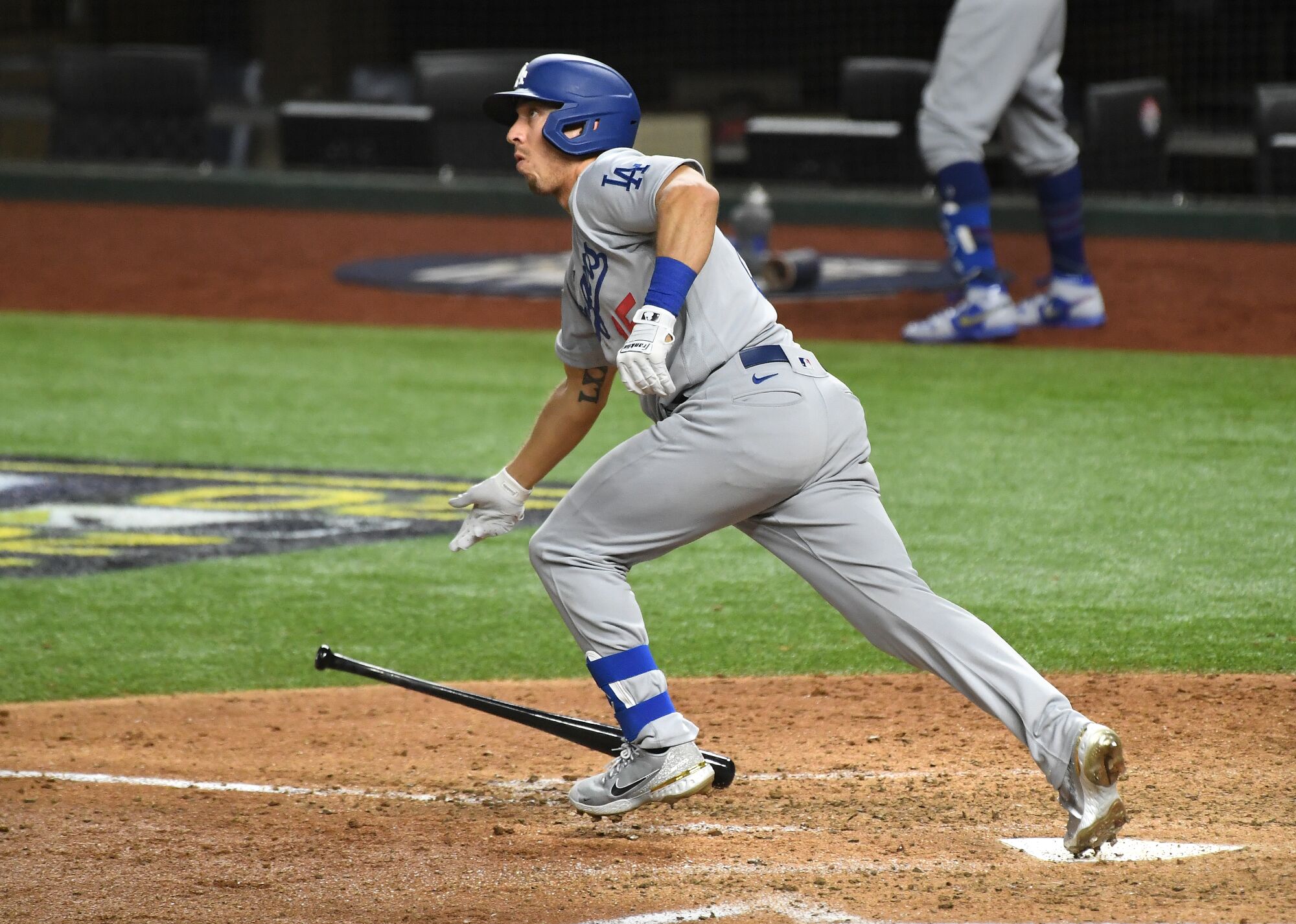 Dodgers catcher Austin Barnes hits a solo home run during the sixth inning.