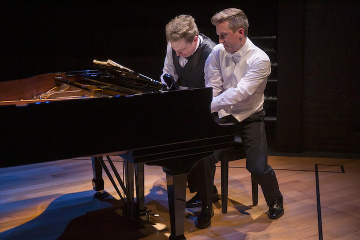 Jefferson McDonald, left, and Matthew McGloin in North Coast Repertory Theatre's "2 Pianos 4 Hands."