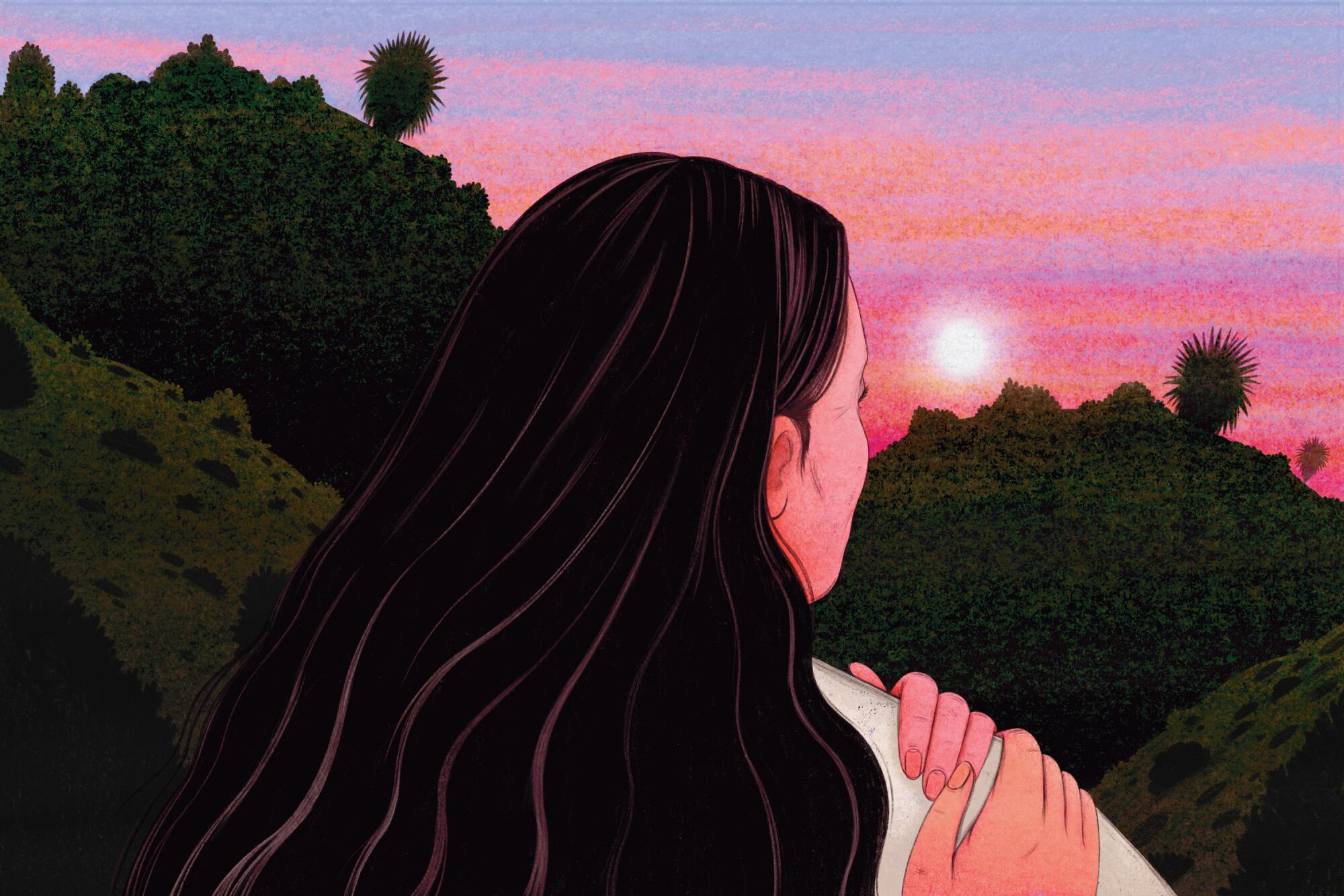 Illustration of a woman looking out at a sunset while a hand reaches from behind to her shoulder.