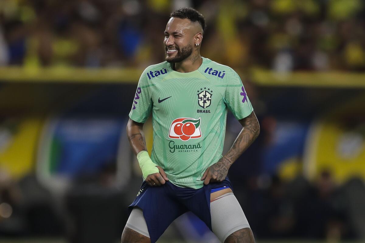 Neymar, de la selección de Brasil, entrena en Belem el jueves 7 de septiembre de 2023 (AP Foto/Bruna Prado)