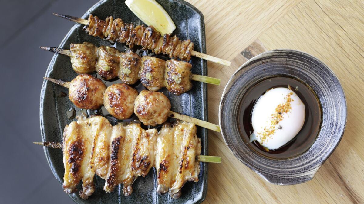 A yakitori plate with soft egg at Tsubaki in Echo Park.