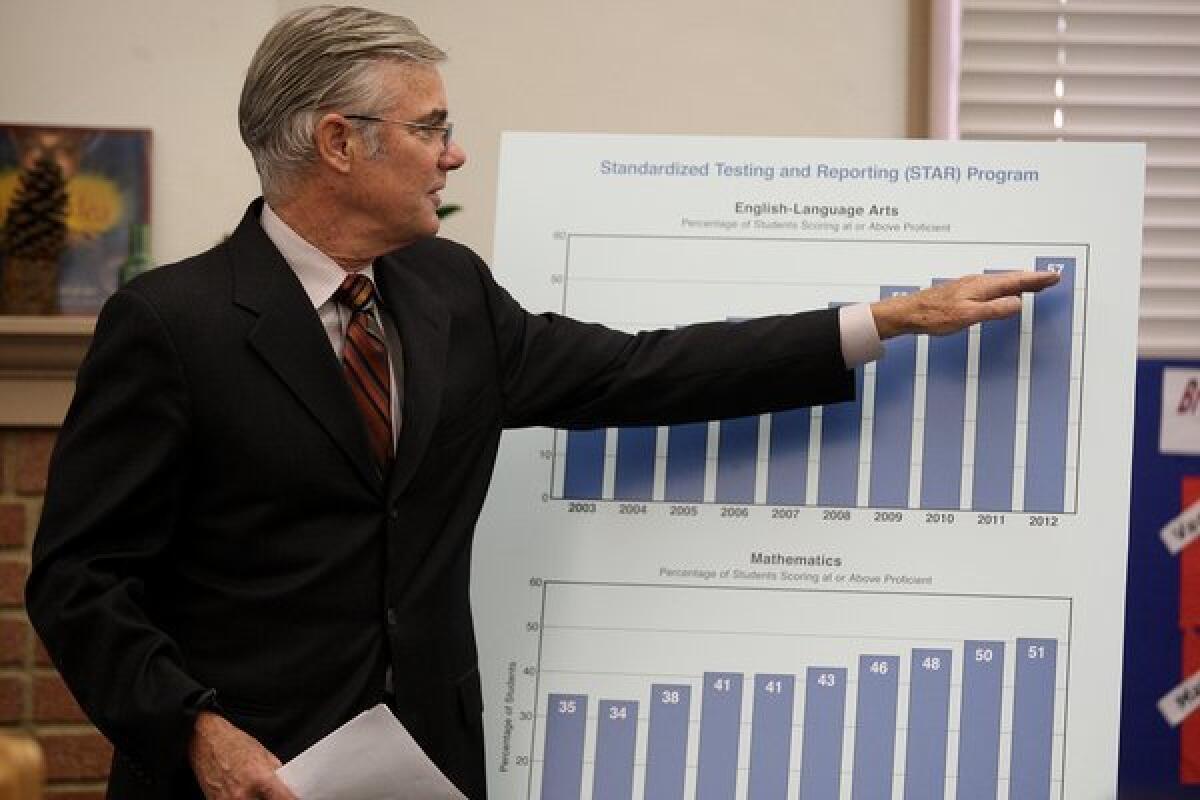 State Supt. of Public Instruction Tom Torlakson discusses standardized test results at a news conference at Washington Accelerated Elementary in Pasadena in August 2012.