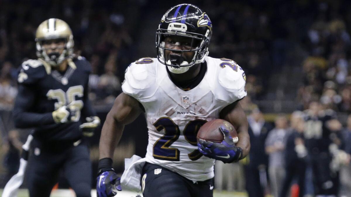 Baltimore Ravens running back Justin Forsett scores on a touchdown run in the second half of a 34-27 win over the New Orleans Saints on Monday night.