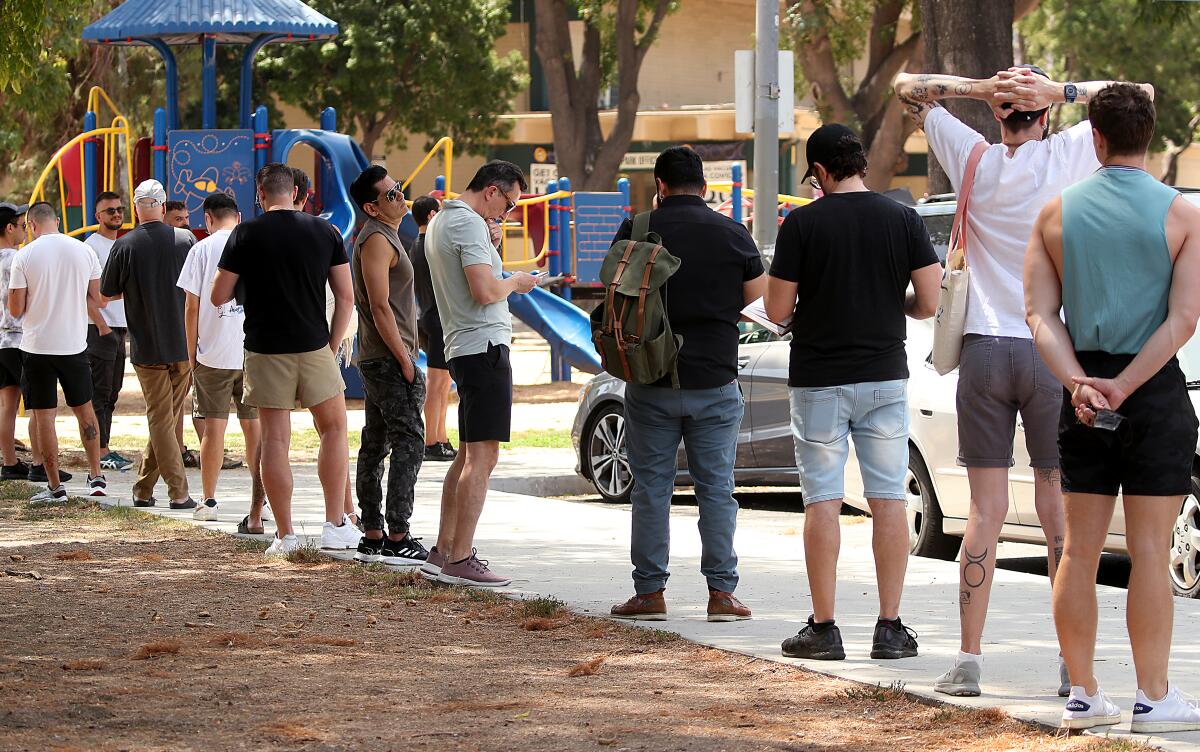 A line for monkeypox vaccinations at Eugene A. Obregon Park in Boyle Heights.