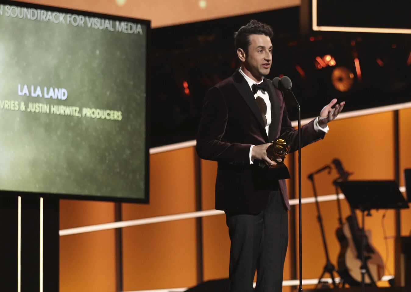 Justin Hurwitz accepts the compilation soundtrack for visual media award for "La La Land."