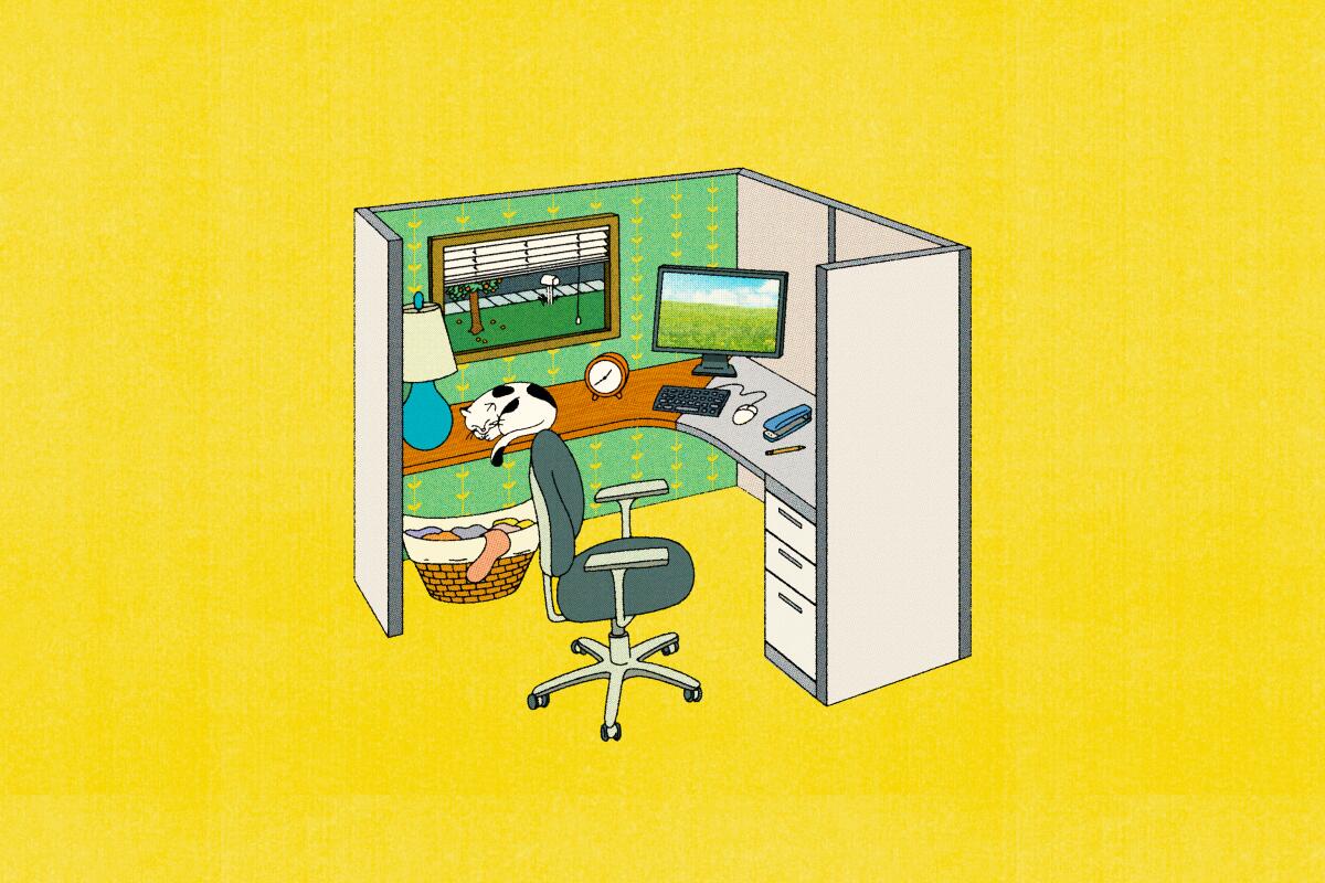 An illustration of a cubicle. One half looks like a normal cubicle, and the other resembles a home office. 