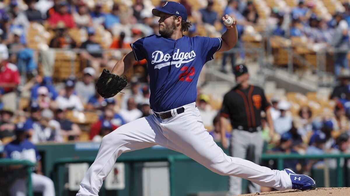 Clayton Kershaw, shown pitching for the Dodgers on March 7, had not given up a hit this spring until Sunday.