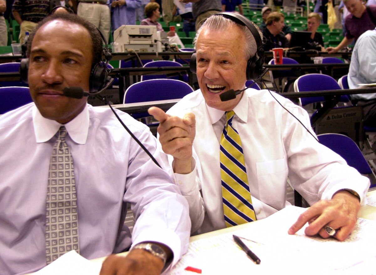 Hot Rod Hundley, shown in 2000, broadcast Jazz games in New Orleans and Utah for 35 years and for four seasons with the Lakers.