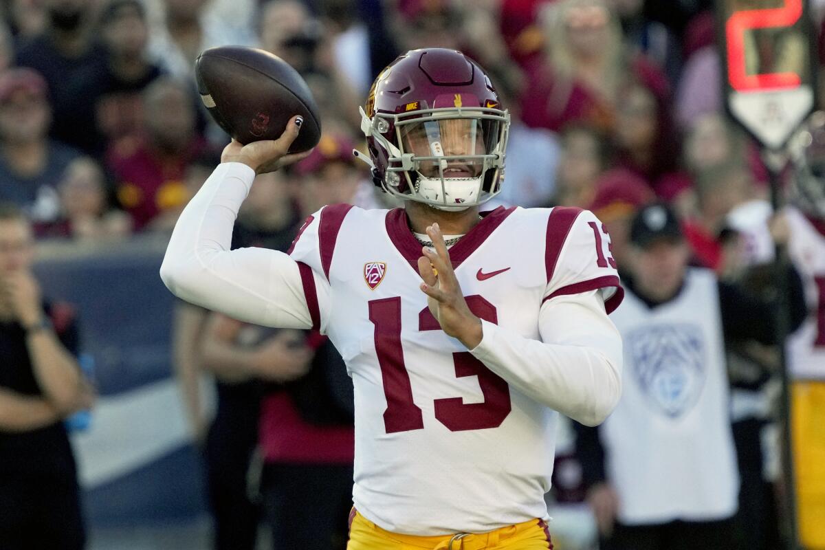 USC quarterback Caleb Williams passes against Arizona on Saturday.