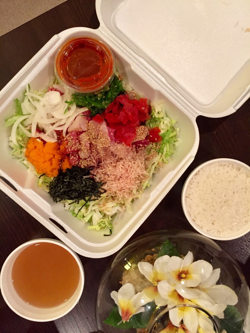 Misoya Rockin’ Sushi's hoedoebap, which includes raw fish, seaweed and rice, is available to-go in Garden Grove.