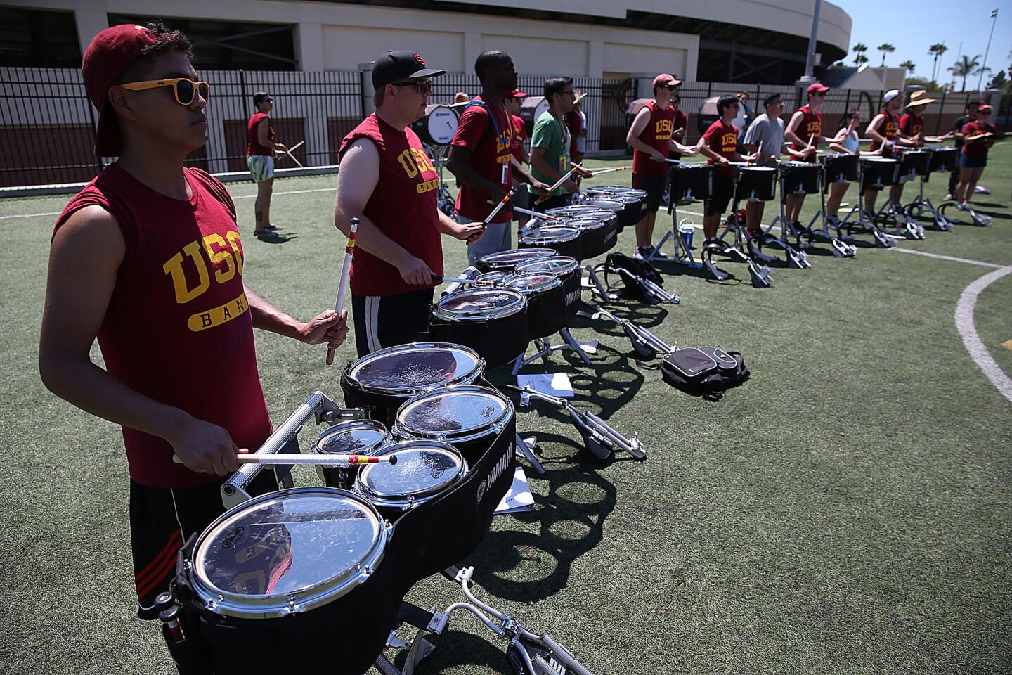 The USC marching band drumline on the first day of practice, Aug. 14, 2015.