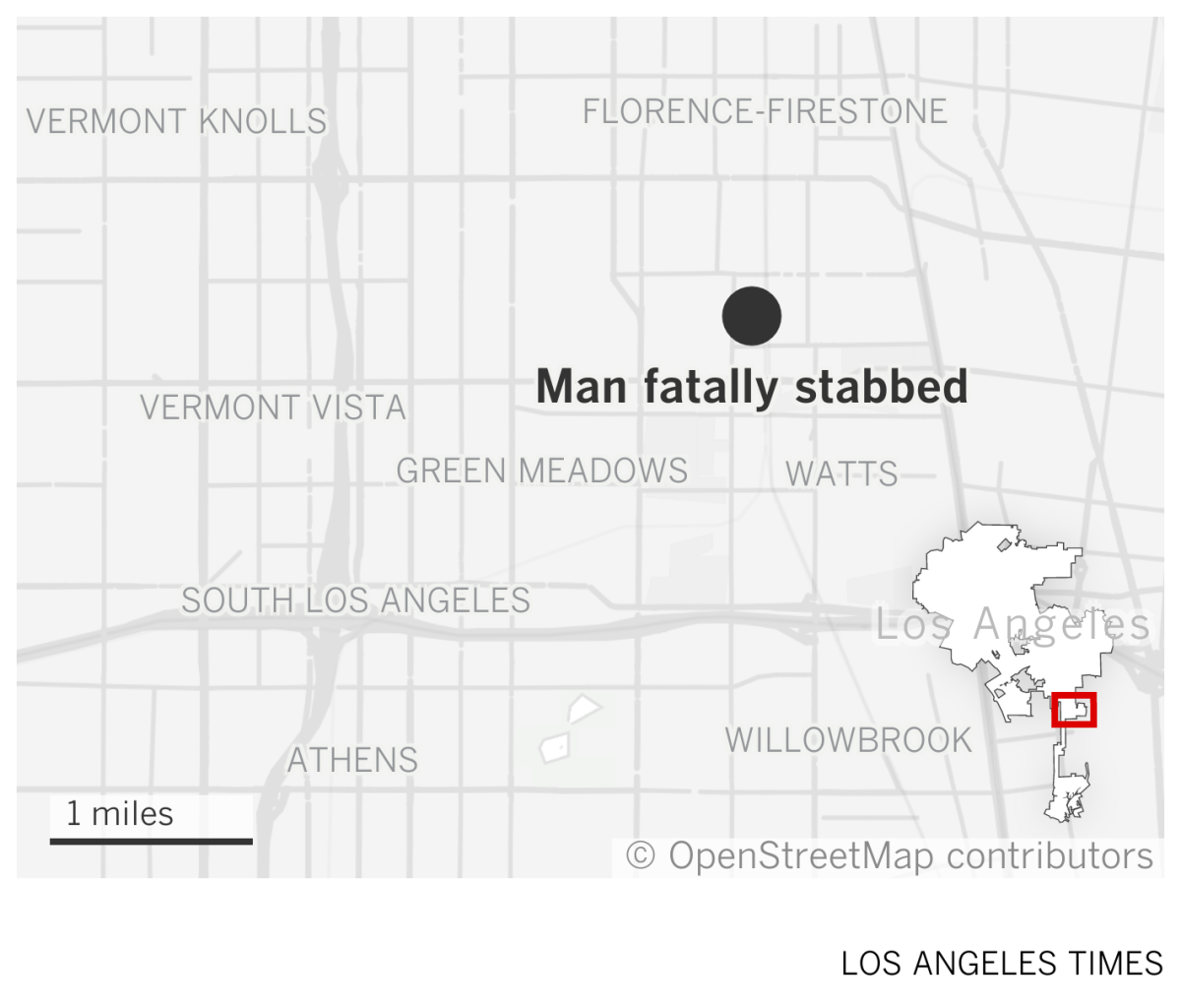 A map showing the location of the man fatally stabbed at the 13500 block of Maie Avenue, Los Angeles. 