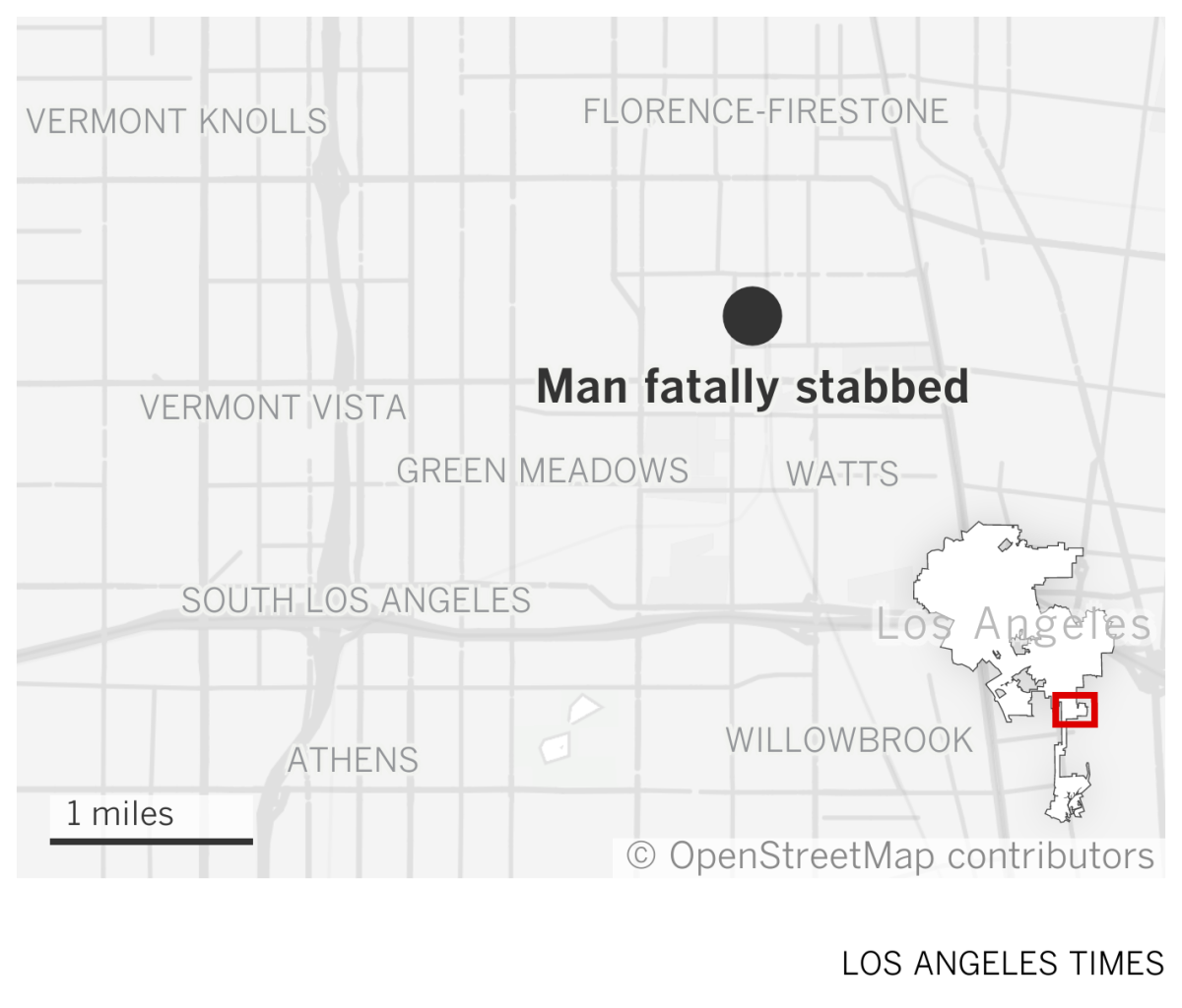 A map showing the location of the man fatally stabbed at the 13500 block of Maie Avenue, Los Angeles.