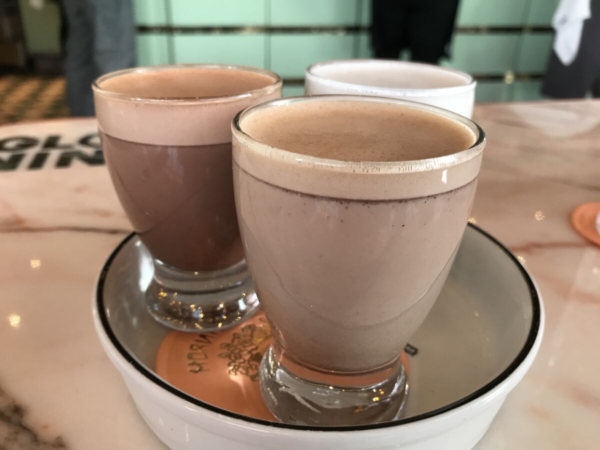 On the day I had it, Morning Glory's hot chocolate trio featured (clockwise from front) Mexican chocolate, classic chocolate and white chocolate.