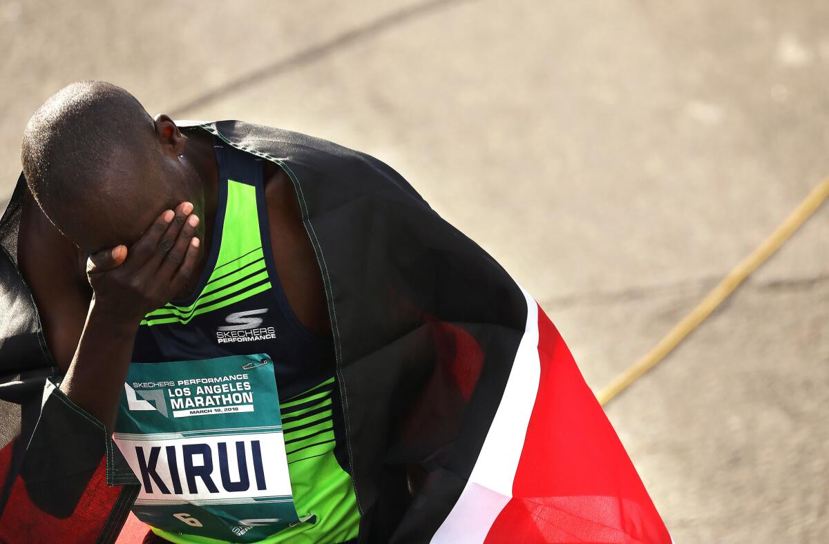 Kenya's Weldon Kirui finishes first in L.A. Marathon in 2018.