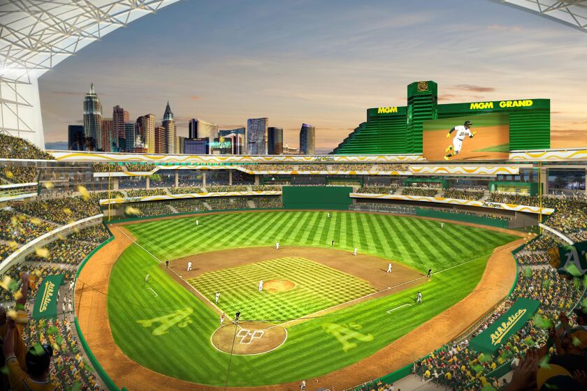 FILE - This rendering provided by the Oakland Athletics on May 26, 2023, shows a view of their proposed new ballpark at the Tropicana site in Las Vegas. The Nevada Legislature is set to convene Wednesday, June 7, for a special legislative session to consider whether to provide $380 million in public financing for a stadium that would host the Oakland Athletics on the Las Vegas Strip. (Courtesy of Oakland Athletics via AP, File)