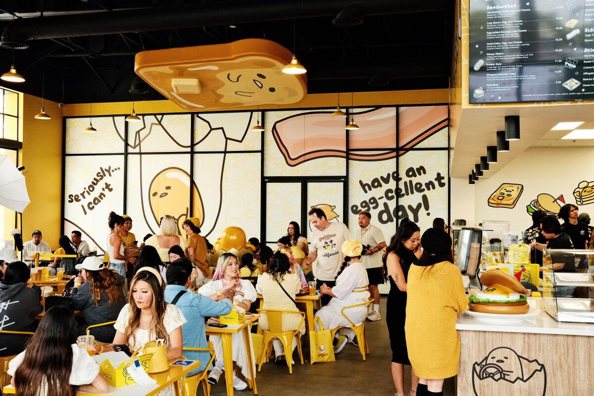 An interior view of the busy dining room at the Gudetama Cafe in Buena Park.