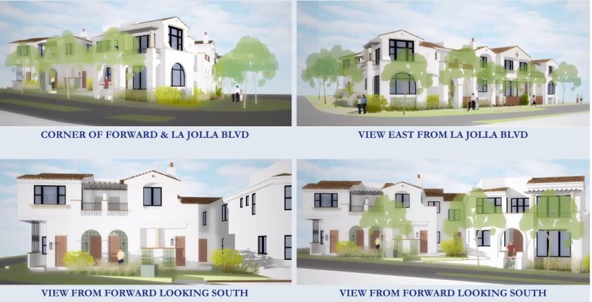 A rendering illustrates the proposed Adelante Townhomes at 5575 La Jolla Blvd., at Forward Street, in Bird Rock.