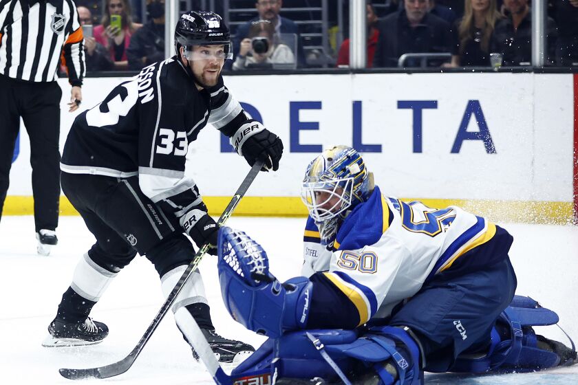 LOS ANGELES, CALIFORNIA - MARCH 26: Viktor Arvidsson #33 of the Los Angeles Kings takes a penalty shot.