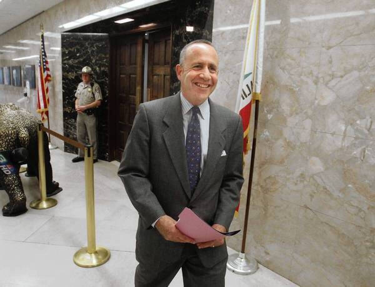 Senate leader Darrell Steinberg is all smiles as he leaves the governor's office after a budget meeting with Jerry Brown and Assembly Speaker John Perez. Steinberg said Democratic leaders are closing in on a budget deal "that I think accomplishes all of the things that we have sought to accomplish."