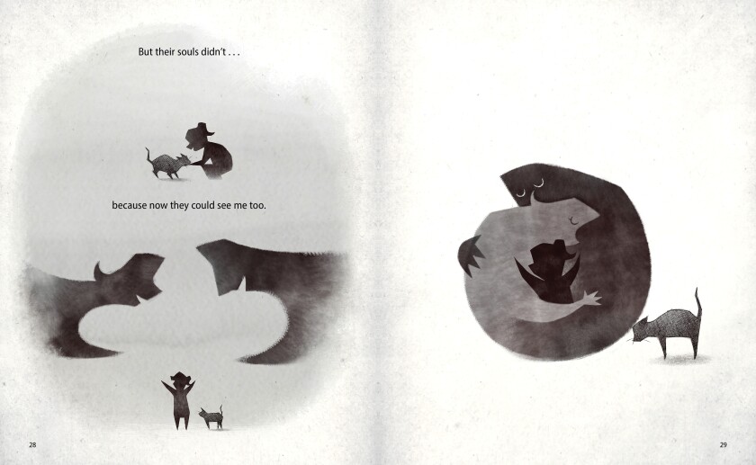 Book pages with silhouetted images of a family.