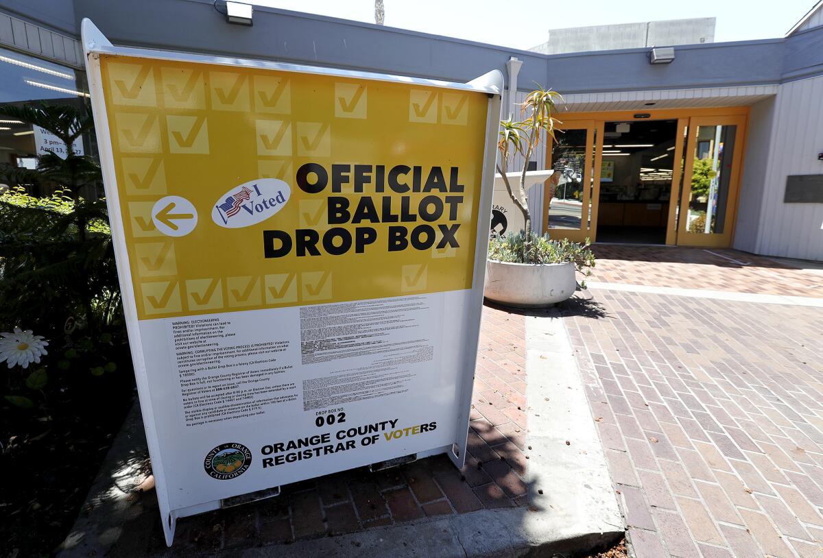 A ballot drop box in front of the Laguna Beach Public Library. 