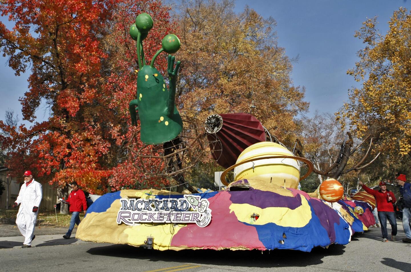 La Cañada Flintridge Tournament of Roses Association float moves down Hampton Road under its own power during Pasadena Tournament of Roses T2 vehicle inspection at the construction site in La Cañada Flintridge on Saturday, Dec. 10, 2016. The float, named "Backyard Rocketeer," was inspected for maneuverability, animatronics and compliance with parade specifications and regulations.