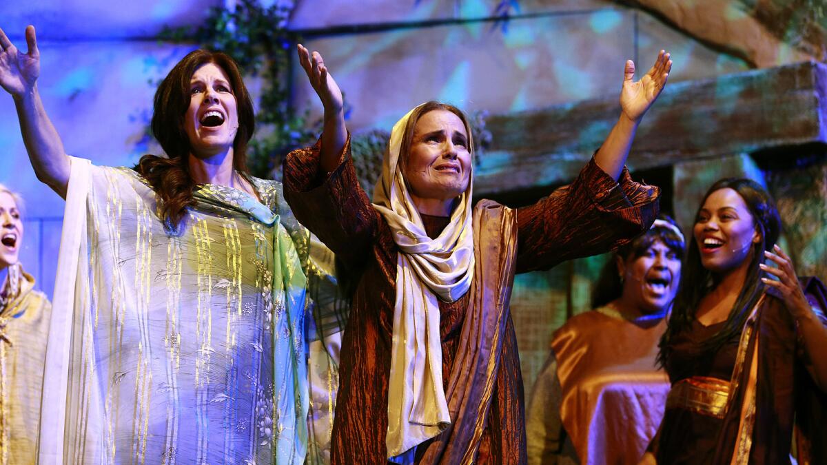 From left, Mary Magdalene (Susanne Walden) and Mother Mary (Leyla Hoyle-Guerrero) sing "Mary Did You Know."