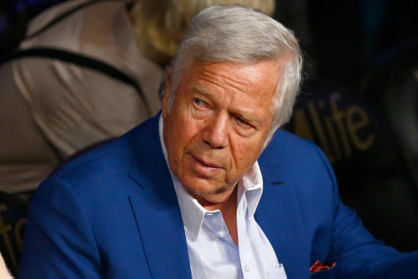 New England Patriots owner Robert Kraft attends the welterweight title fight between Floyd Mayweather Jr. and Manny Pacquiao at the MGM Grand in Las Vegas on May 2.