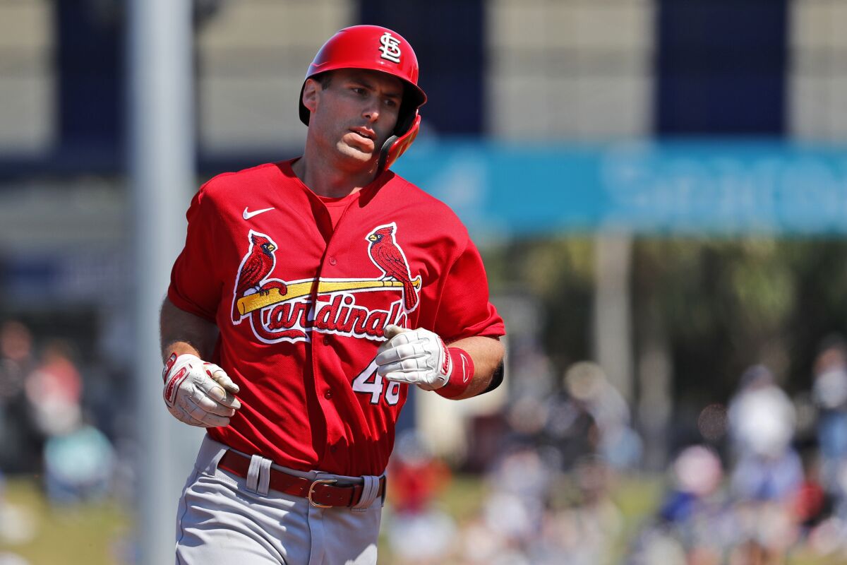 St. Louis Cardinals' Paul Goldschmidt rounds the bases after hitting a solo home run during the first inning of a spring training baseball game against the New York Mets Friday, Feb. 28, 2020, in Port St. Lucie, Fla. (AP Photo/Jeff Roberson)