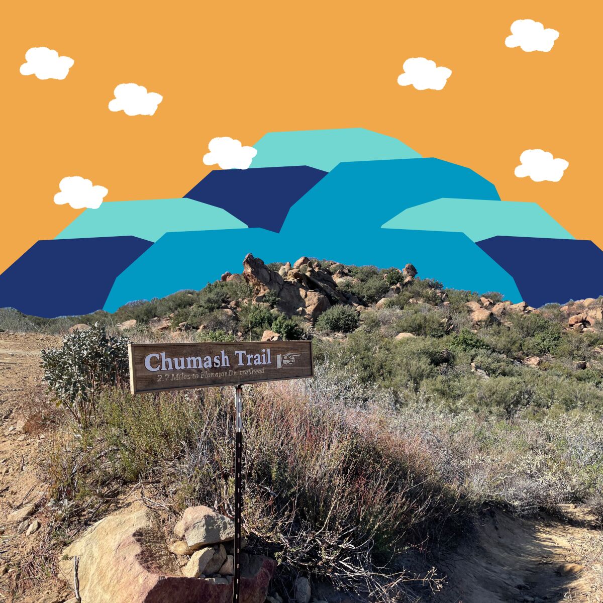 An illustration of clouds and mountains with a photo of the Chumash Trail