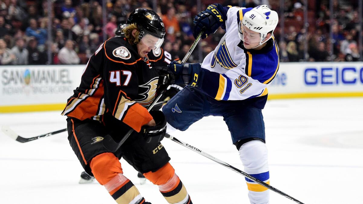 Ducks defenseman Hampus Lindholm blocks a shot by Blues right wing Vladimir Tarasenko during the second period Friday night.