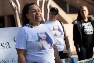 Paloma Serna speaks to members of the media during a rally and vigil for her daughter Elisa Serna, who died in jail in 2019, outside the El Cajon Courthouse on Monday, March 27, 2023. A court hearing for a jail nurse and jail doctor who have been charged with involuntary manslaughter in the death of Elisa Serna has been postponed to June 26.