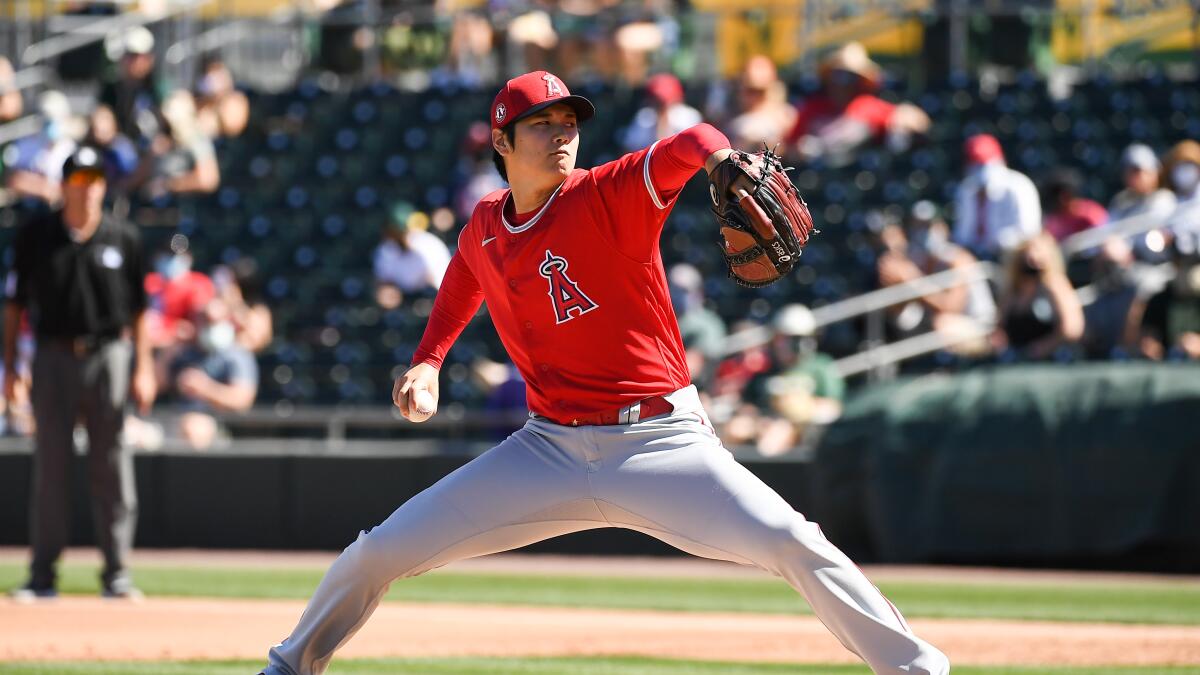 Shohei Ohtani pitches five innings in last spring training start - Los  Angeles Times