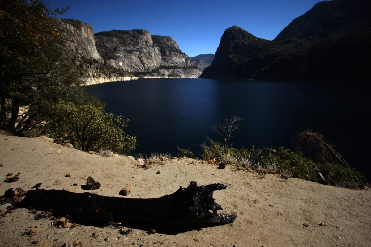 A charred tree trunk, a remnant of the Rim fire, rests by the Hetch Hetchy Reservoir in Yosemite National Park, where a campfire ban was ordered in some areas because of the wildfire threat.