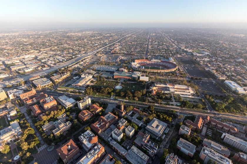 An aerial view of Expo Park and USC.