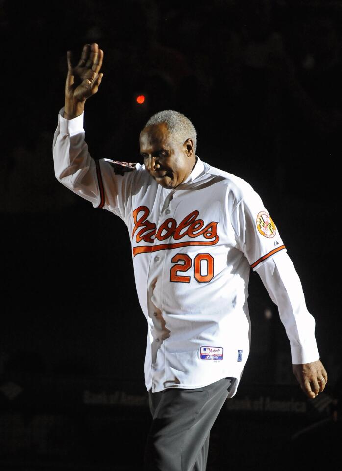 Baseball Hall of Famer and Orioles Hall of Famer Frank Robinson is introduced as the Orioles celebrates their 60th anniversary with a postgame ceremony on Aug. 8, 2014.