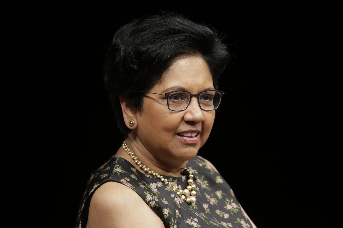 FILE - Indra Nooyi participates in an event on Oct. 9, 2018, in New York. The former PepsiCo CEO has a memoir titled "My Life in Full: Work, Family and Our Future" coming out Sept. 28, 2021. (AP Photo/Seth Wenig, File)