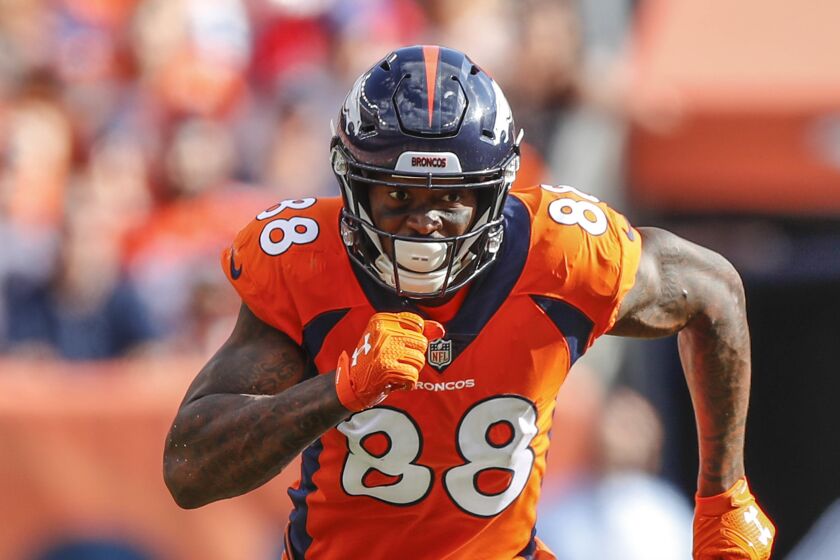 FILE - In this Sept. 16, 2018, file photo, Denver Broncos wide receiver Demaryius Thomas runs against.