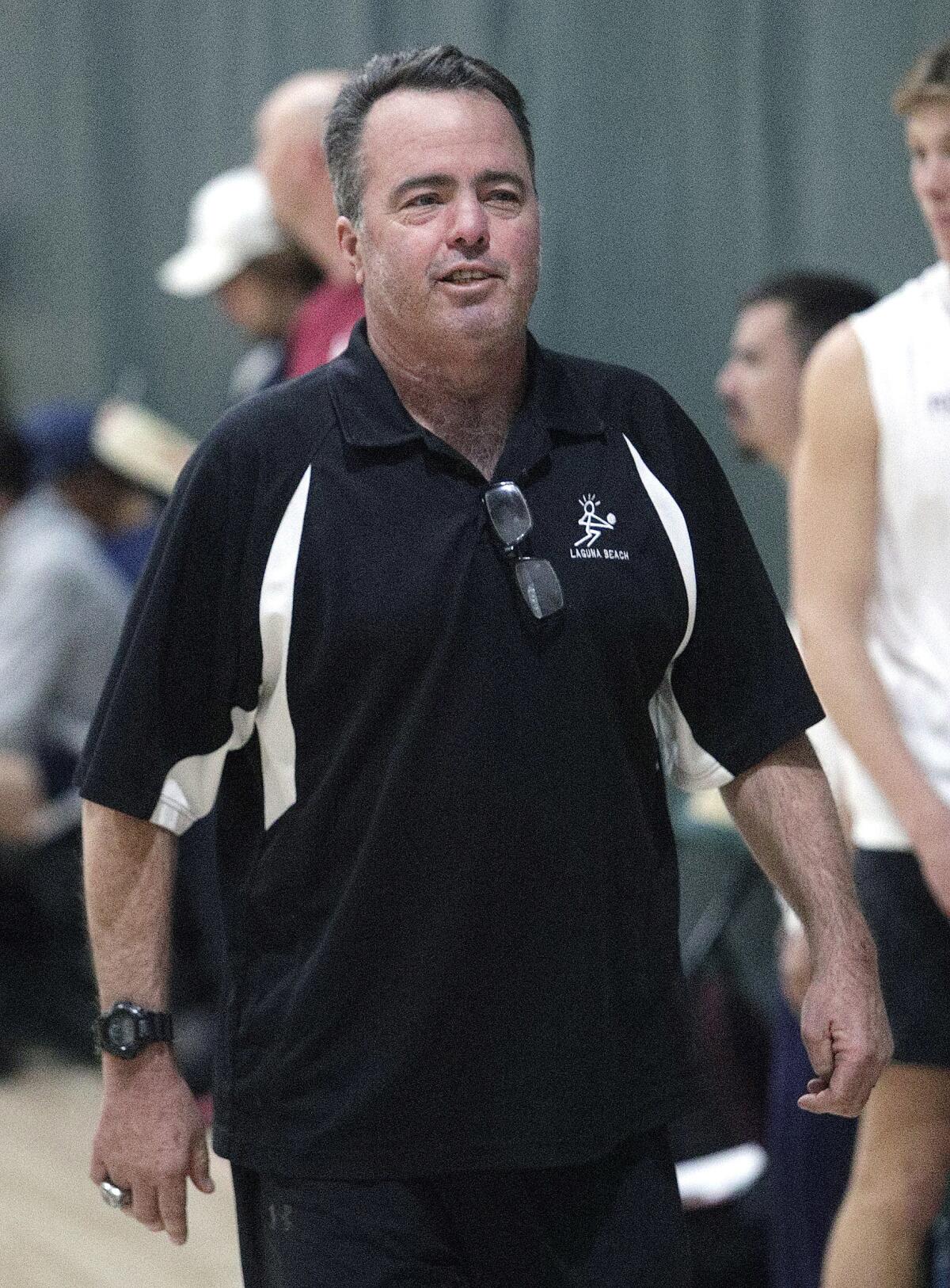 Laguna Beach's boys' volleyball coach Lance Stewart at a game against Edison in the O.C. Championships in February 2020.